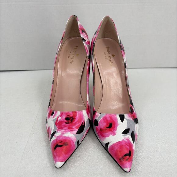 Kate Spade Pump Heels Size 8.5  Licorice Pink Floral Leather Pointed Toe Italy - Picture 3 of 8
